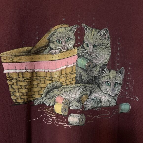 Vintage Cat Sweatshirt 2x Pullover Double Collar Burgundy 90s Retro Cat Lady - Picture 3 of 6
